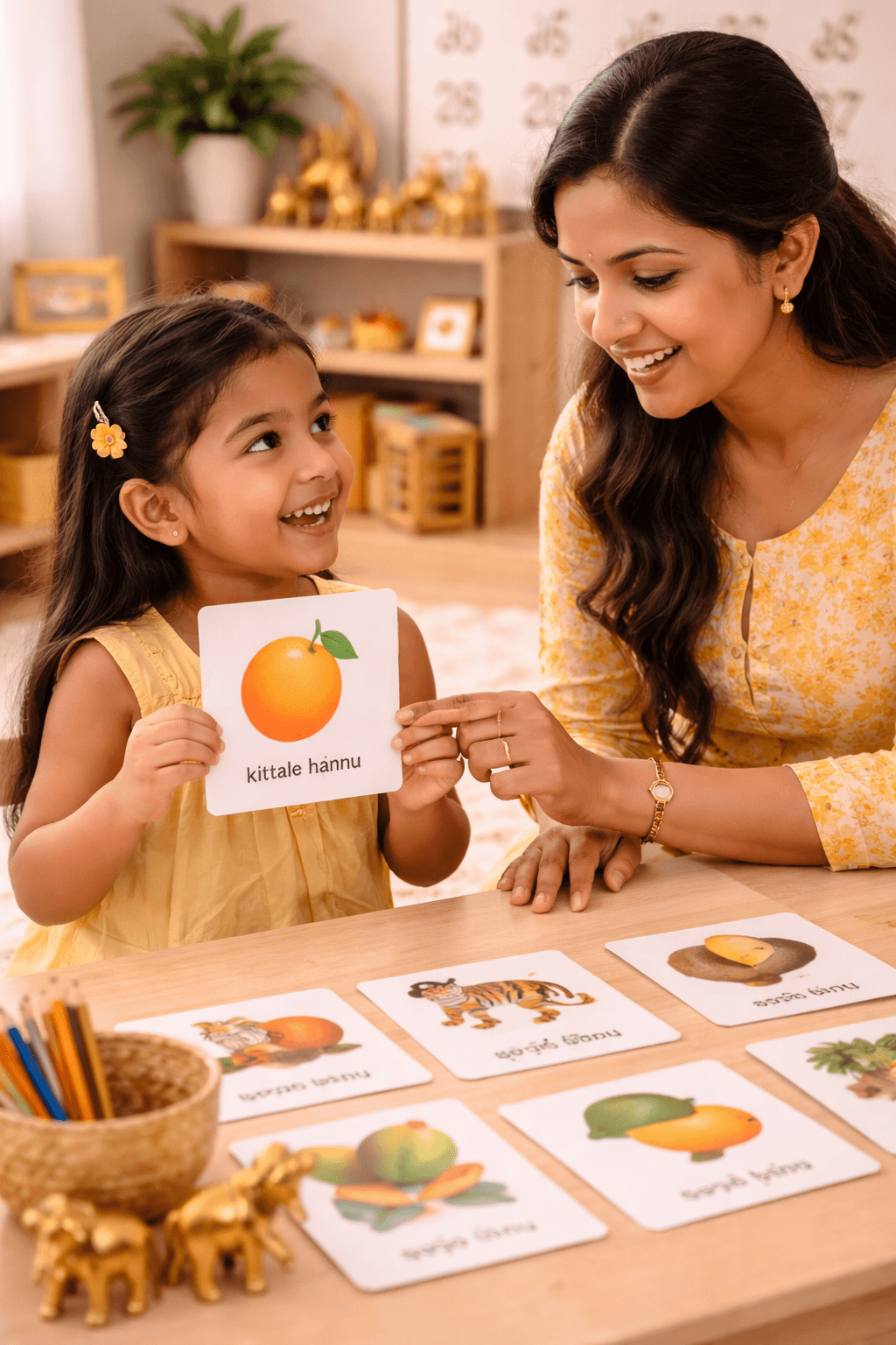 Child participating in Kannada activity